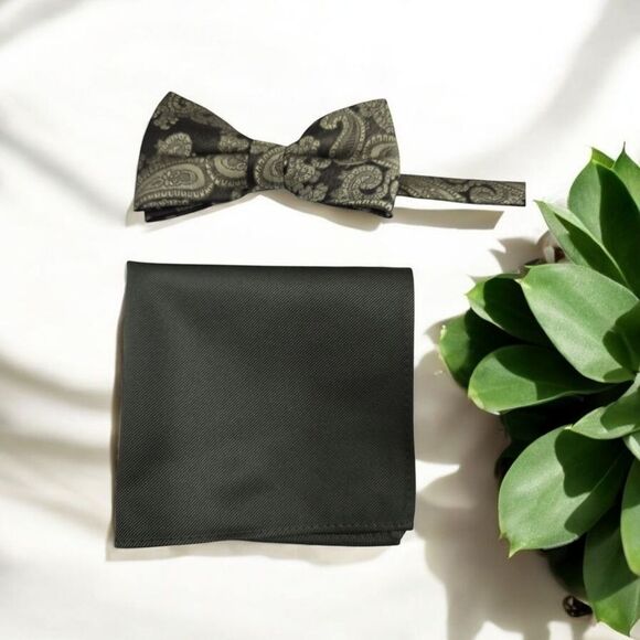 MEN'S LARR BRIO SIMPLY SOLID PAISLEY PRINT TARRAGON BOW TIE & POCKET SQUARE SET. - Picture 1 of 3